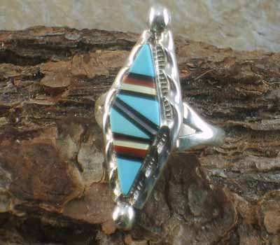 Zuni Native Inlay American Ring- sz 7.5